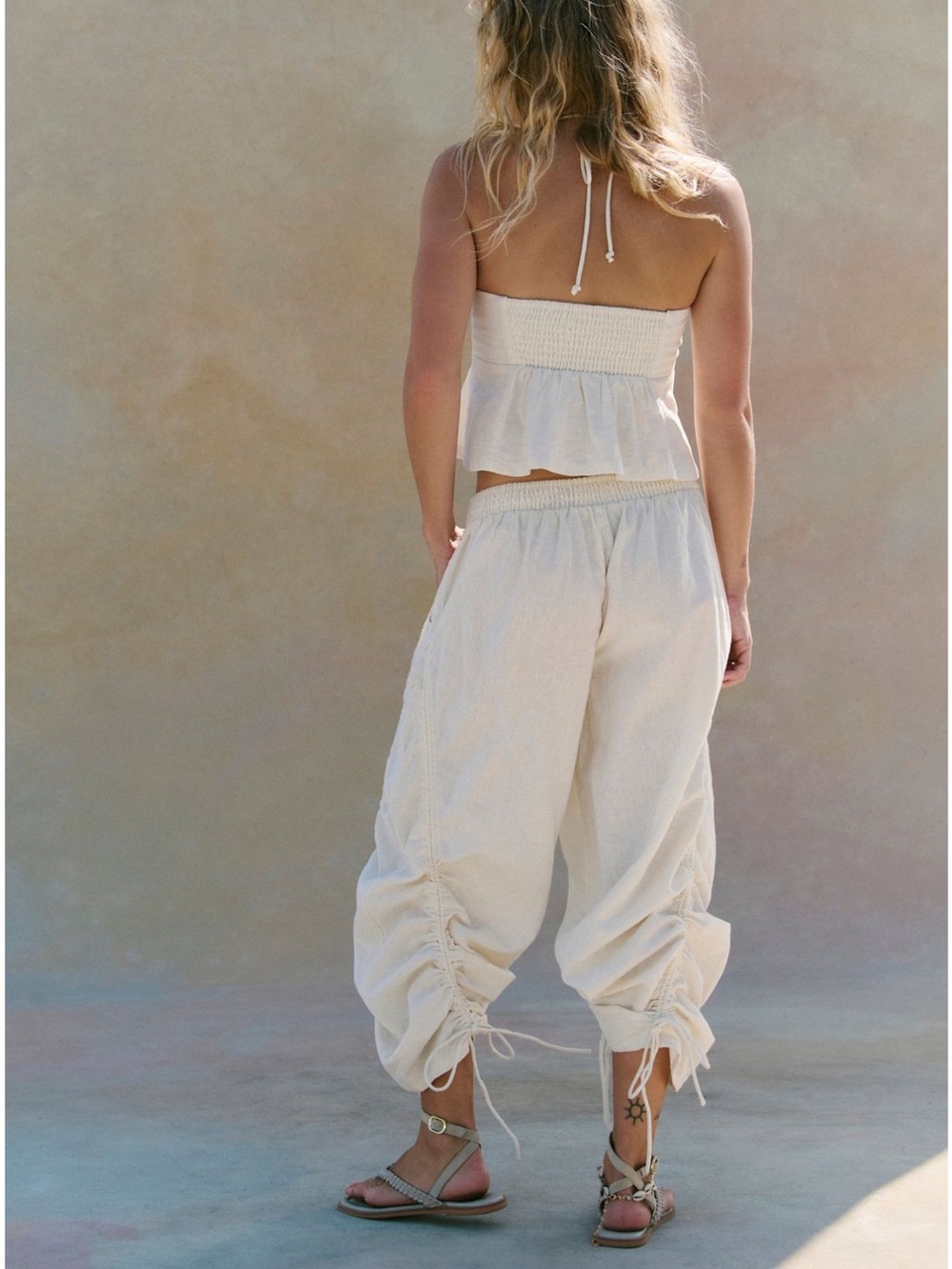 Women's Cream Drawstring Cropped Pants & Halter Top Set - Picture 4 of 6